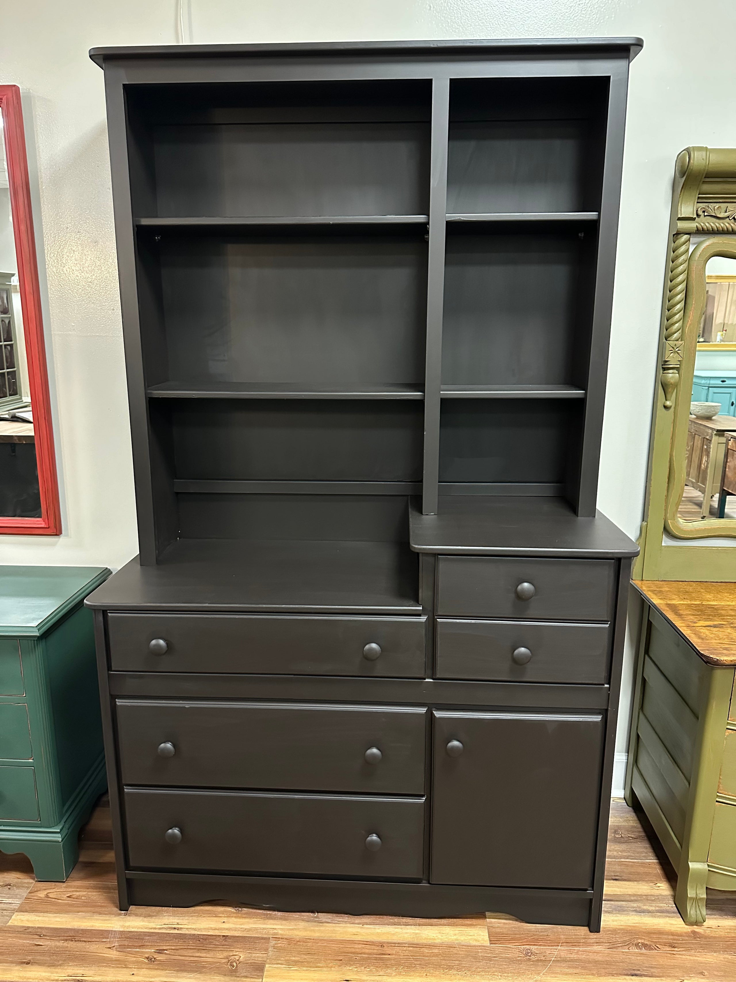 Dresser w Hutch 5 Drawers 1 Door Black Besties Furniture
